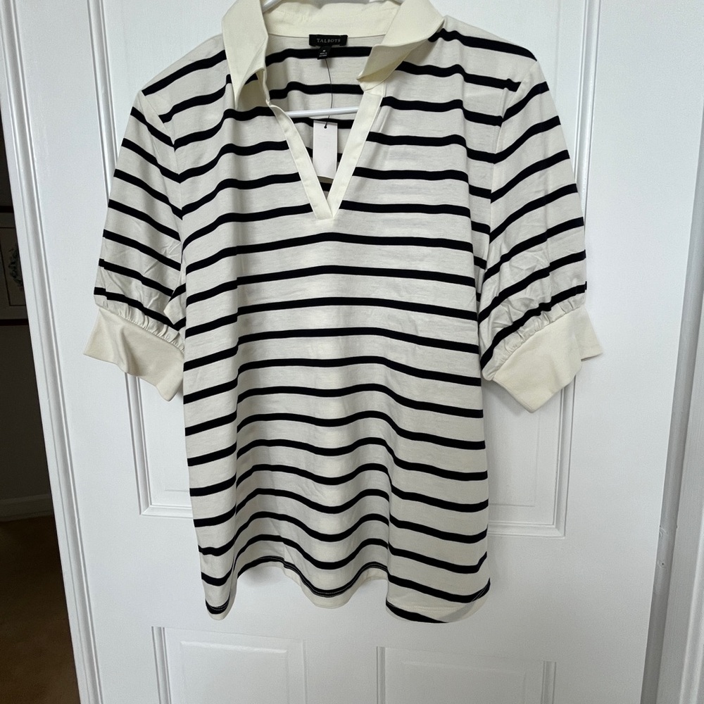 Talbots Striped White/Navy Puff Sleeved Women's Top